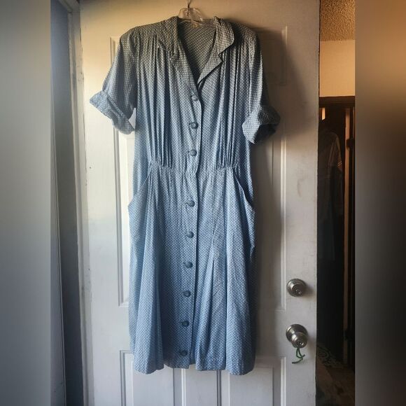 Vintage Blue Seersucker Polkadot 50s Midi Dress Button Front Pockets Collar - Picture 1 of 12